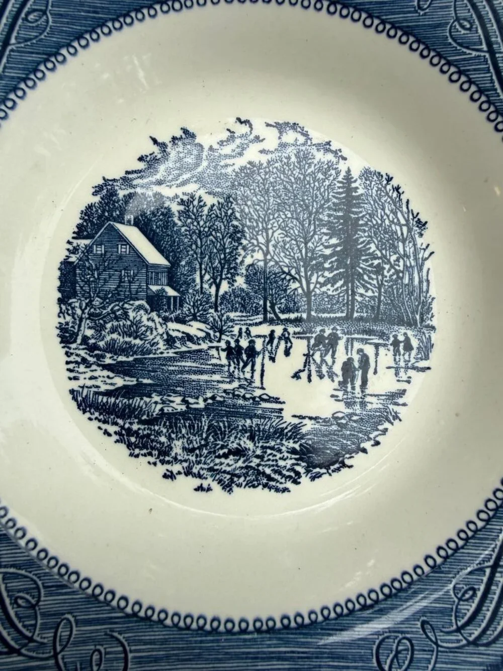 Currier & Ives Royal China Early Winter Blue White Bowl 8.5